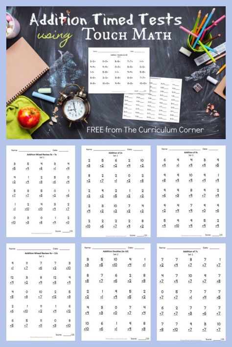 Touch Math Addition Timed Tests - The Curriculum Corner 123 FREE Touch Math Printables, Touch Point Math, Math Worksheets For Kids, Math Fact Games, Math Facts Addition, Math Fact Worksheets, Touch Math, Math Fact Practice, Math Addition Worksheets