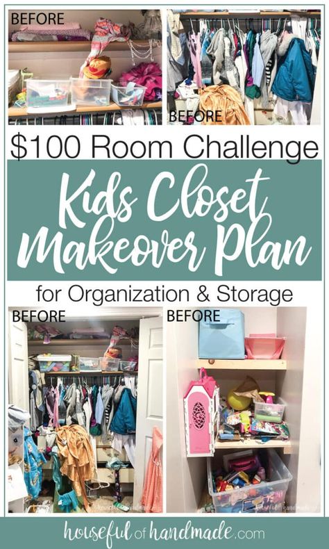 Get the design plan for the $100 kids closet makeover we are doing in just 1 month! Lots of bugdet friendly design & organization ideas to redo any closet. Housefulofhandmade.com Kids Closet Makeover, Toy Closet Organization, Toddler Closet Organization, Kids Closet Storage, Toddler Room Organization, Girls Closet Organization, Playroom Closet, Closet Organization Cheap, Kids Clothes Storage