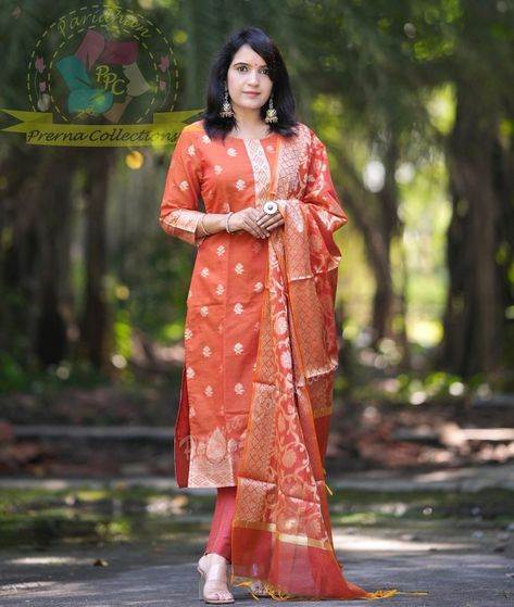 LET'S CELEBRATE FESTIVITIES WITH THE RICHNESS OF BANARASI SILK IN MOST ELEGANT WAY  PARIDHAN BY PRERNA COLLECTION'S EXCLUSIVE  PREMIUM CHANDERI BANARASI SILK KURTI WITH RICH WEAVING ALL OVER  RICH FULL SIZE BANARASI.SILK WEAVED DUPATTA  SILK PANTS  SIZE: 38-40-42-44 Silk Banarasi Suits, Cotton Silk Suit Designs Indian, Banarasi Kurti Designs Latest, Banarasi Suit Designs Latest, Silk Suit Designs Indian, Banarasi Suit Designs, Suits Design Latest, Chudi Neck Designs, Stitched Kurti