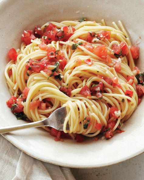 The Most-Pinned Martha Stewart Recipes of 2015 | Martha Stewart Fresh Tomato Pasta, Fresh Tomato Recipes, Turkey Meatball Recipe, Martha Stewart Recipes, Fresh Tomato Sauce, Tomato Pasta Sauce, Tomato Sauce Recipe, Pasta Sauce Recipes, Tomato Pasta