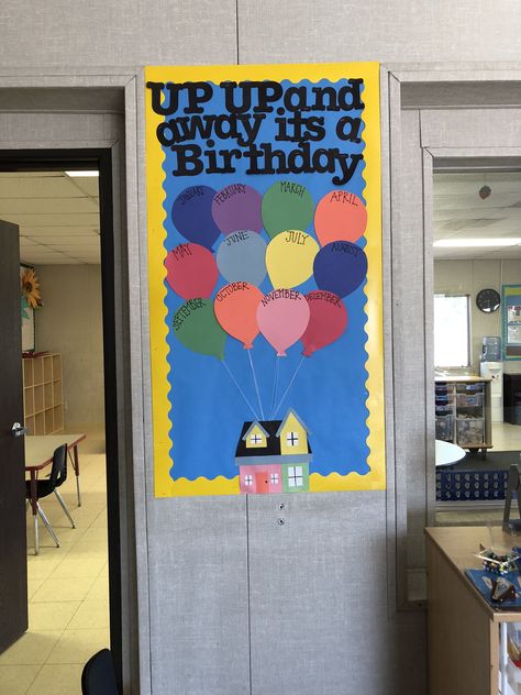 UP themed Disney board for the class’ birthdays. 3 Year Classroom Ideas, Class Birthday Board Disney, Disney Cubby Name Tags, Disney Themed Elementary Classroom, Birthday Bulletin Board Ideas Preschool, Disney Theme Infant Room, Disney Birthday Wall Ideas For Classroom, Disney Themed Classrooms, Up Theme Bulletin Board