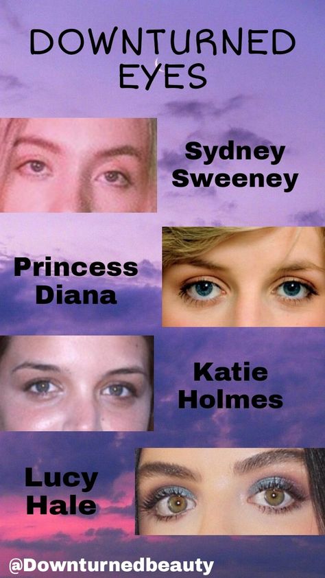 Examples of celebrities with Downturned Eyes. Downturned/droopy eyes have the outer corner lower than inner corner. Makes your appear tired/sleepy etc ! But that's what makes them beautiful and unique. #Downturnedeyes #droopyeyes #eyeshape #eyes #puppyeyes #puppyeyeliner #sadeyes # #dreamyeyes #bedroomeyes Downward Eyes, Downturned Eyes Makeup Aesthetic, Make Up Droopy Eyes, Downturned Eyes Celebrities, Sleepy Eyes Aesthetic, Sleepy Droop Eye Makeup, Down Turned Eyes Celebrities, Droopy Downturned Eyes Aesthetic, Droopy Eye Makeup Aesthetic