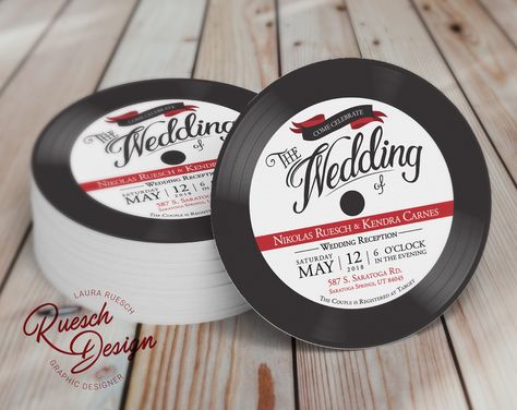 Wedding Invitation - Vinyl Record Retro Rockabilly 50's Vintage Rock and Roll Music Classical Vinyl Record Car Show Pinup Small Card Info by RueschDesign on Etsy https://www.etsy.com/listing/613301473/wedding-invitation-vinyl-record-retro 50s Themed Wedding, 1950 Wedding, Vinyl Wedding, Wedding Table Themes, 50s Wedding, Vintage Car Wedding, Rock N Roll Wedding, Rockabilly Wedding, Rock And Roll Music