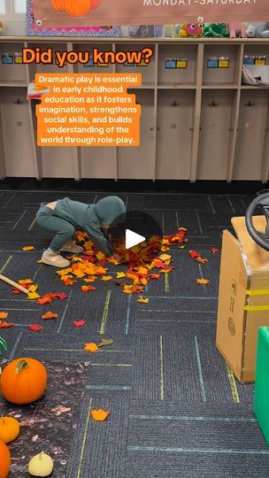 14K views · 287 reactions | Step into our preschool classroom transformed into a vibrant pumpkin patch! 🍂🎃 Watch as my son dives into autumn-themed dramatic play, picking apples, raking leaves, and joyfully tossing them into the air. He also harvests pumpkins and takes the tractor for a spin around the patch. Dramatic play is essential in early childhood education as it fosters imagination, strengthens social skills, and builds understanding of the world through role-play. Join us for a fun-filled exploration of seasonal activities that spark creativity and learning! | Preschool Vibes Leaves Dramatic Play Preschool, Preschool Vibes, Picking Apples, Learning Preschool, Raking Leaves, Dramatic Play Preschool, Seasonal Activities, Fall Preschool, Spark Creativity