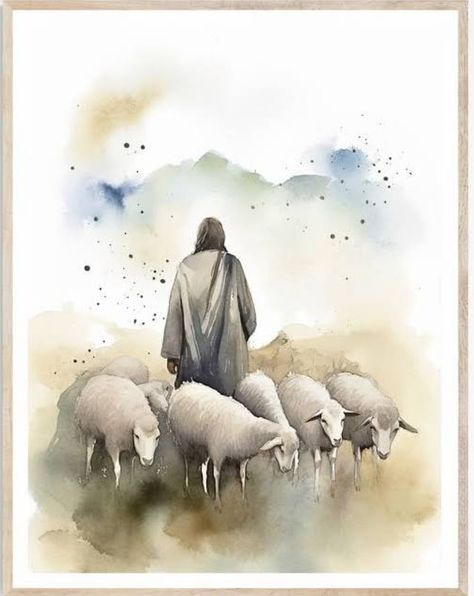 Jesus With Sheep, Watercolor Shepherd And Sheep, Lamb Of God Painting, Watercolor Lamb Painting, Sheep Watercolour Painting, Paintings Of Christ, Sheep Paintings, Bible Wall Art, Church Poster Design