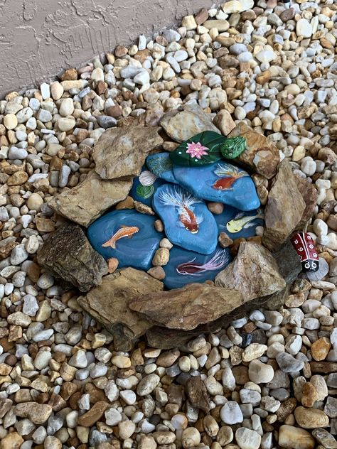 Painted July, 2019. No water or fish food required. Stone Paintings, Garden Yard Ideas, Fairy Garden Diy, Rock Painting Designs, Rock Painting Art, Koi Pond, Rock Crafts, Backyards, Garden Crafts