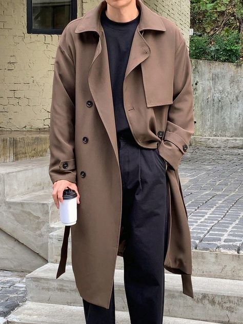 Coffee Brown Casual Collar Long Sleeve Woven Fabric Plain Regular Embellished Non-Stretch  Men Clothing Men Coat Style, Over Coat For Men, Winter Formal Casual Outfits, Mens Winter Trench Coat, Nyc Male Fashion, Winter Coat Aesthetic Men, Men’s Long Coat, Mens Trench Coat Outfit Casual, Coat Long Outfit