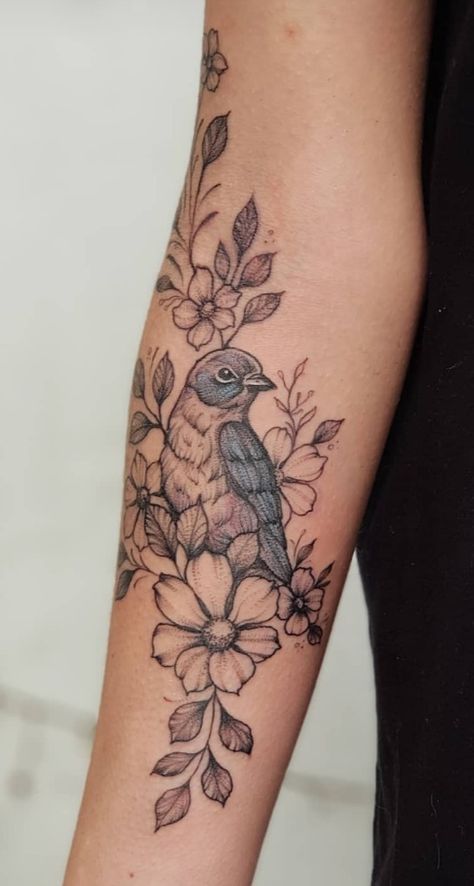 Birds And Flowers Tattoo, Flower And Bird Tattoo, Calf Tattoos For Women, Grandpa Tattoo, Bird And Flower Tattoo, Bird Tattoo Sleeves, Bluebird Tattoo, Bird Tattoos For Women, Wrap Around Tattoo