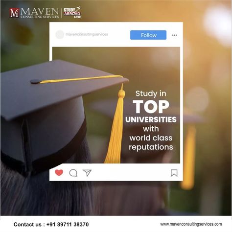 🌍🤩 Dreaming of studying in the best universities with world-class reputations? Let's make it a reality! Boost your future with an education that knows no boundaries! 🎓✨ #StudyGoals #WorldClassEducation Get in touch with us for expert counselling at +91 89711 38370 or visit www.mavenconsultingservices.com For more Information regarding Study Abroad. University Marketing, Best Universities, School Creative, Digital Marketing Design, Publicidad Creativa, Graphic Design Ads, Food Graphic Design, An Education, Education Design