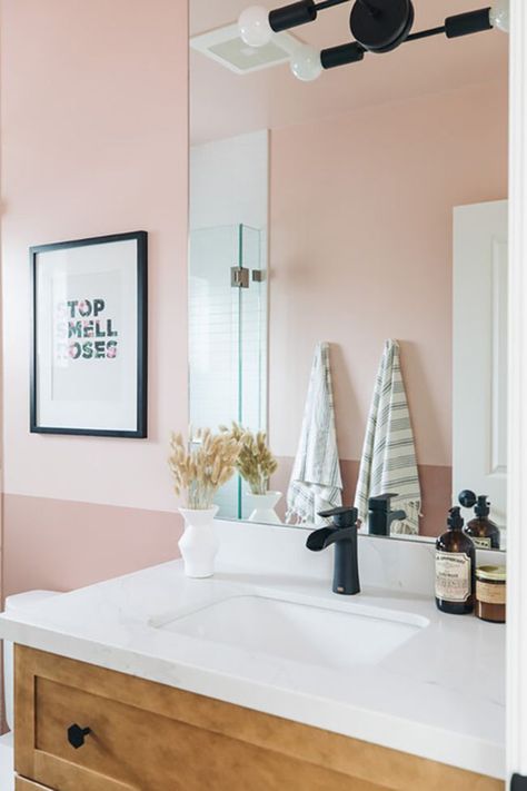 It takes a special kind of person to make a bathroom pink, and those who do venture into pink bathroom territory emerge with spaces that can only be described as impressively lovely. Midcentury Modern Bathroom, Mid Century Modern Bathroom, Rustic Home Interiors, Pink Tiles, Frameless Mirror, Bathroom Color, Single Hole Bathroom Faucet, Pink Bathroom, Bathroom Colors