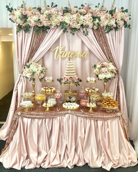 Beautiful Quinceanera Set up at The Palace by kis.events || decor setup by @bizziebeecreations || Candy Dessert by @bizziebeecreations ||… 15 Party Ideas Quinceanera, Sweets Table Wedding, Quince Decor, Sweet 15 Party Ideas Quinceanera, Sweet 15 Party Ideas, Gold Cake Stand, Quince Decorations, Quinceanera Decorations, Quinceanera Themes