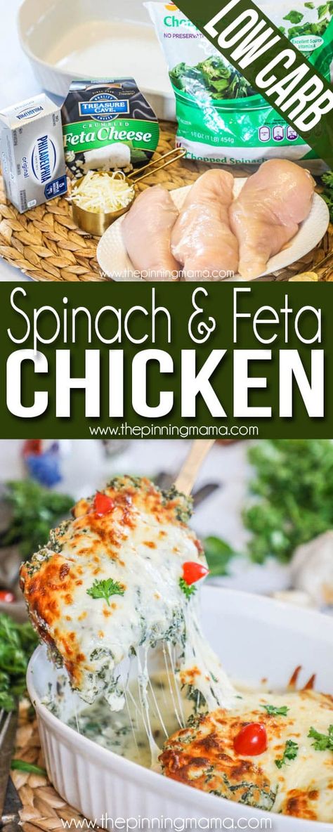 Low Carb Chicken with Spinach and Feta • The Pinning Mama Spinach And Feta Chicken, Spinach Feta Chicken, Chicken With Spinach, Feta Cheese Recipes, Feta Chicken, Spinach Feta, Best Low Carb Recipes, Low Carb Diet Recipes, Healthy Low Carb Recipes