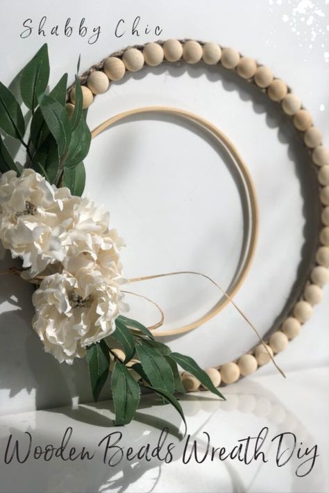 Wooden Bead Wreath, Beads Wreath, Camp Cottage, Shabby Chic Farmhouse Decor, Embroidery Hoop Decor, Bead Wreath, Earthy Textures, Chic Farmhouse Decor, Embroidery Hoop Crafts