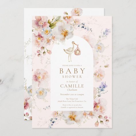 Wildflower Baby in Bloom Baby Shower Invitation Blush Pink Baby Shower, Stork Baby Showers, Outdoor Celebration, Wildflower Baby Shower, Baby In Bloom, Elegant Baby Shower, Summer Baby Shower, Spring Baby Shower, Baby Shower Templates