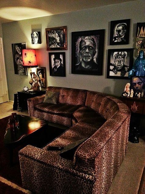 Goth Living Room Decor, Leopard Print Furniture, Goth Living Room, Gothic Living Room, Horror Room, Dark Home Decor, Goth Home Decor, Living Room Design Decor, Style Deco