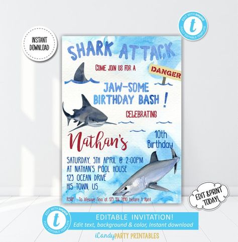 Shark Birthday Invitation Boy, Shark Invite Printable, Boys Shark Themed Birthday, Shark Party, Shark Pool Party, Boys Jaws Invite, Templett Shark Invitations Birthday, Shark Party Invitations, Shark Birthday Party Invitation, Shark Invitation, Shark Birthday Invitation, Shark Birthday Invitations, Shark Themed Birthday Party, Ocean Birthday, Shark Birthday Party