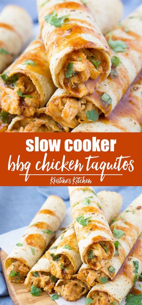 Easy BBQ Slow Cooker Chicken Taquitos, filled with a creamy mixture of shredded chicken, cheese, and homemade BBQ sauce! Cooking the chicken in the crockpot makes it so tender! The taquitos are baked for a healthy dinner recipe. A perfect freezer meal! #chickenrecipes #freezermeals #crockpot Slow Cooker Chicken Taquitos, Chicken Taquitos Crockpot, Slow Cooker Chicken Shredded, Freezer Chicken Taquitos, Shredded Chicken Sauce, Bbq Shredded Chicken Recipes, Shredded Bbq Chicken Recipes, Freezer Taquitos, Crockpot Chicken Taquitos