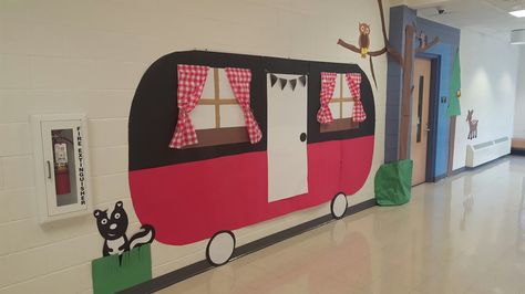 Vintage Camper Classroom Theme, Rv Bulletin Board, Camper Bulletin Board Ideas, Camper Bulletin Board, Camping Theme Kindergarten, Adventure Classroom, Classroom Camping, Trash Party, Camping Classroom