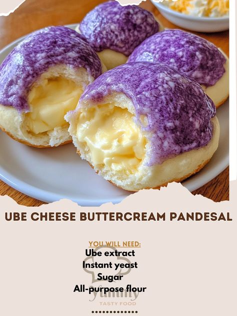 💜🧀 Discover the deliciousness of Ube Cheese Buttercream Pandesal! A perfect blend of creamy ube and cheese. Must-try! Ube Cheese Buttercream Pandesal Ingredients: All-purpose flour (4 cups) Sugar (1/2 cup) Instant yeast (2 1/4 tsp) Ube extract (1 tsp) Butter (1/4 cup, softened) Milk (1 cup, warmed) Cheese (1 cup, cubed) Buttercream (1/2 cup, for filling) Instructions: Mix flour, sugar, and yeast in a bowl. Add warmed milk, ube extract, and butter. Knead into a smooth dough. Let dough rise... Ube Cheese Pandesal Recipe, Ube Cookie Recipe, Ube Cupcakes Moist Recipe, Ube Buns, Filipino Bakery, Ube Recipe, Ube Extract, Pandesal Recipe, Ube Recipes