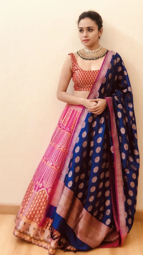 Amruta Khanvilkar in Warp ‘n Weft Banarasi Lehenga for Diwali Banarasi Lehenga Look, Lehenga From Banarsi Saree, Banarsi Lehenga Blouse Designs, Banarsi Lehenga Party Wear, Banaras Lehenga Blouse Designs, Benaras Lehenga Designs, Banarsi Lehnga Designs, Benaras Lehangas, Banarasi Lehenga Blouse Design