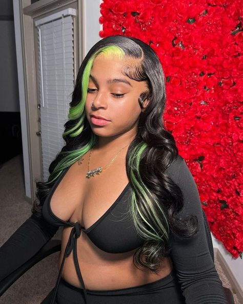 Wig Skunk Stripe, Skunk Stripe Wig, Straight Bob Cut, Highlight Bob, Skunk Stripe, Bob Cut Wigs, Short Straight Bob, Green Wig, Wig For Black Women