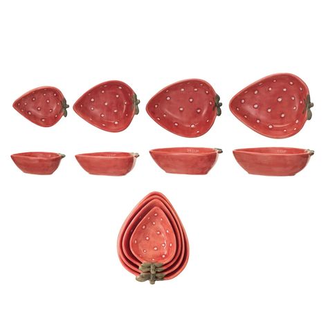 Buy the Strawberry Stoneware Measuring Cups Set at Michaels. com. This set of four hand-painted stoneware measuring cups adds a touch of whimsy and charm to any kitchen. This set of four hand-painted stoneware measuring cups adds a touch of whimsy and charm to any kitchen. A whimsical strawberry design in red, green, and white adorns each cup, making them a delight to use. These durable measuring cups are perfect for both dry and wet ingredients, and they will become a cherished addition to any Cottagecore Kitchen Accessories, Aesthetic Measuring Cups, Vintage Measuring Cups, Measuring Cups Aesthetic, Cute Kitchen Stuff, Cute Measuring Cups, Cute Dishware, Cute Kitchenware, Food Ceramics