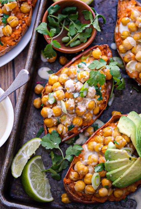 Sesame Chickpeas, Vegan Baked Potato, Sweet Potato Toppings, Twice Baked Sweet Potatoes, Baked Sweet Potatoes, Loaded Sweet Potato, Crispy Chickpeas, Twice Baked, Vegan Sweet Potato