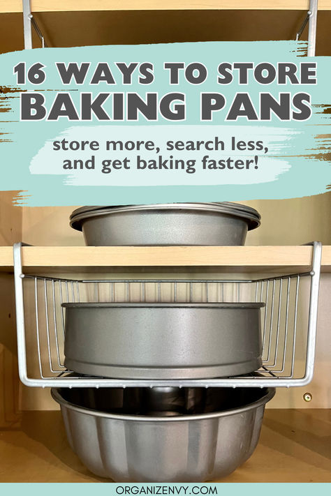 Baking pans stored in a kitchen cabinet Kitchen Baking Storage, Baking Pan Storage Ideas, Bakeware Storage Ideas, Kitchen Organization Baking, Pan Storage Ideas, Baking Pan Storage, Baking Sheet Storage, Baking Pans Storage, Baking Pans Organization