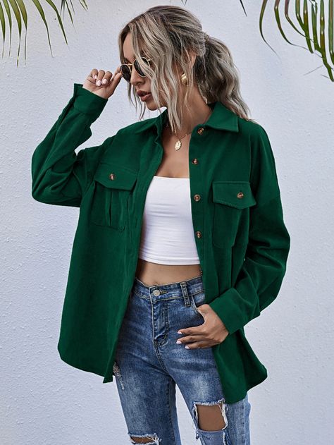 Dark Green Casual  Long Sleeve Corduroy Plain Other  Non-Stretch Spring/Fall Women Outerwear Beachy Birthday, Oversized Shacket, Boyfriend Top, Jacket Corduroy, Retro Vintage Christmas, Satin Button Up, Bachelorette Vacation, Resort Chic, Boyfriend Jacket