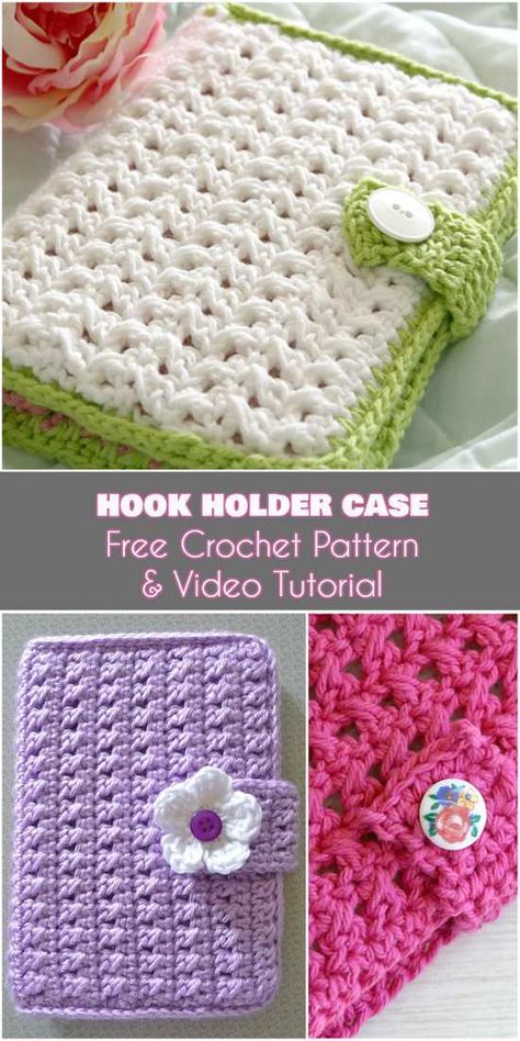 Crochet Hook Holder Case [Free Pattern and Video Tutorial] Crochet Hook Holder Pattern, Crochet Hook Case Free Pattern, Crochet Hook Case Pattern, Bag Holder Pattern, Crochet Book Cover, Crochet Hook Holder, Crochet Organizer, Crochet Hook Case, Crochet Case