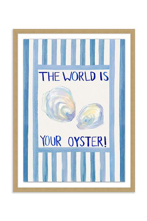 Giclee on paper, wood, plexiglass Hanging hardware included USA | The World Is Your Oyster Wall Art by Anthropologie in Blue Preppy Paintings Canvases Blue, Natural Beach Decor, Travel Bedroom Decor, Wall Art Room Aesthetic, Oyster Wall Decor, Beach Nursery Wall Art, Pnw Wall Art, West Coast Wall Art, Location Wall Art