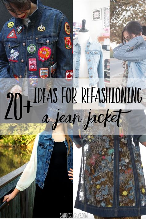 Diy Jacket Refashion, Denim Jacket Ideas, Sewing Ideas For Beginners, Upcycle Jean Jacket, Upcycled Clothing Tutorial, How To Upcycle Clothes, Upcycled Denim Diy, Jean Jacket Diy, Easy Upcycle