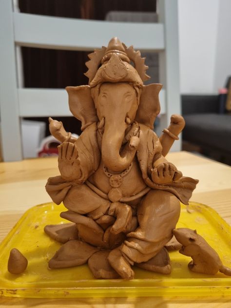 #clayganesh #handmade #ganeshchaturthi Clay Ganesha Handmade, Ganpati Murti, Ganesh Pooja, Clay Ganesha, Ganapati Bappa, Indian Wall Art, Ganesha Idol, Gold Bracelet Simple, Ganesh Idol