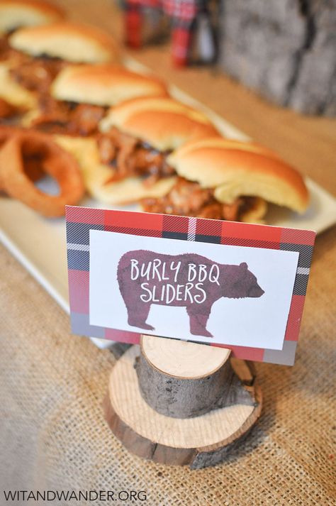 Wild One Birthday Party Buffalo Plaid, Lumberjack 3rd Birthday Party, Lumberjack 2nd Birthday Party, Bear Theme Party Food, Bear Themed Food Ideas, Bear Party Food Ideas, Lumberjack Baby Shower Food, Bear Party Food, Lumberjack Baby Shower Theme