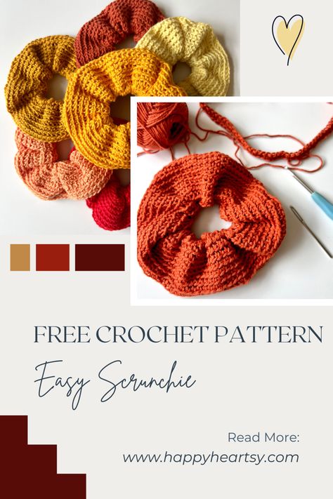 Crochet Scrunchies by Happy Heartsy. Simple Useful Crochet Projects, Easy Crochet Scrunchie Pattern, Beginner Crochet Scrunchie, Crochet Patterns Scrunchies, Simple Beginner Crochet Patterns, Trendy Crochet Accessories, Crochet Pattern Scrunchie, Crochet Patterns Worsted Weight Yarn, Sellable Crochet Patterns