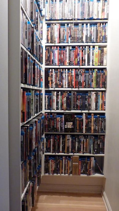 Blu Ray Storage Room (2) Blu Ray Collection Display, Blu Ray Shelf, Bluray Storage Ideas, Blu Ray Storage Ideas, Dvd Storage Ideas Living Room, Movie Closet, Blu Ray Storage, Movie Storage, Dvd Shelves