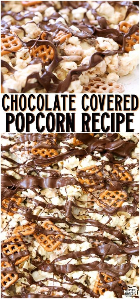 Chocolate Covered Popcorn Recipe, Chocolate Popcorn Recipe, White Chocolate Popcorn Recipe, Popcorn Recipes Chocolate, Covered Popcorn, Chocolate Drizzled Popcorn, Popcorn Recipes Sweet, Popcorn Chocolate, Chocolate Covered Popcorn