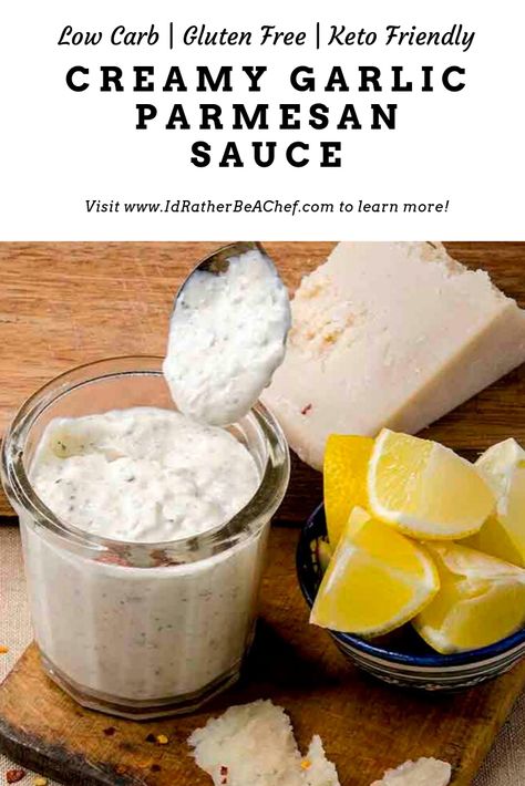 This creamy garlic parmesan wing sauce is so much more than just a sauce for wings... use it as a salad dressing, a veggie dip or as a topping to just about any grilled meat! As a bonus, it is keto, low carb, gluten free goodness too! Creamy Garlic Parmesan Sauce For Wings, Parmesan Wing Sauce, Keto Sauce, Keto Condiments, Creamy Garlic Parmesan Sauce, Chicken Delight, Parmesan Wings, Garlic Parmesan Wings, Low Carb Gluten Free Recipes