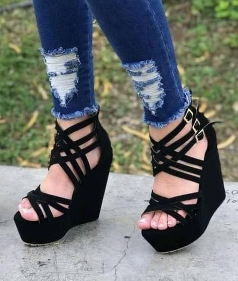 Wages Heels, Trendy High Heel Wedge Sandals With Chunky Platform, Trendy Wedge Sandals With Chunky Platform And High Heel, Black Wedge Heel Sandals With Chunky Platform, Prom Shoes Wedges, Casual Chunky Platform High-heel Sandals, Wedge Heel Lace-up Sandals With Platform For Beach, Kasut Tumit Tinggi, Casual Shoes Women Sneakers