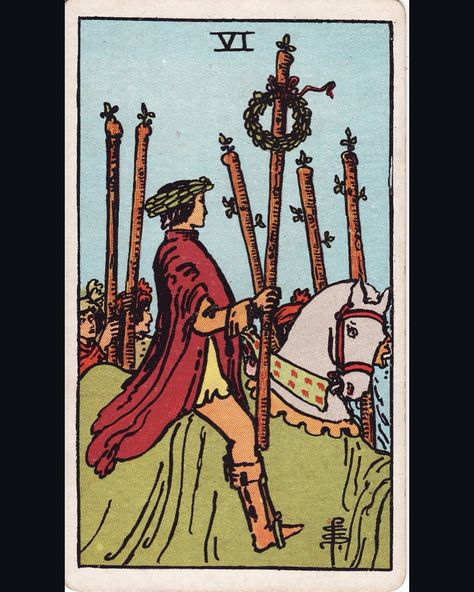 The Six of Wands tarot card depicts a man who is currently wearing a wreath of victory around his head. He is depicted riding a horse through a crowd of people who are cheering. The horse is white, which is a well-known symbol of strength, purity as well as success. The crowd is there to show the public’s recognition for the achievements of the man riding the horse. The wand that the man is carrying also has a wreath which is tied to it in an attempt to further emphasize his success. The man ... Six Of Wands Tarot, Six Of Wands, A Crowd Of People, Wands Tarot, Crowd Of People, Riding A Horse, Vision Board Goals, Symbols Of Strength, The Horse