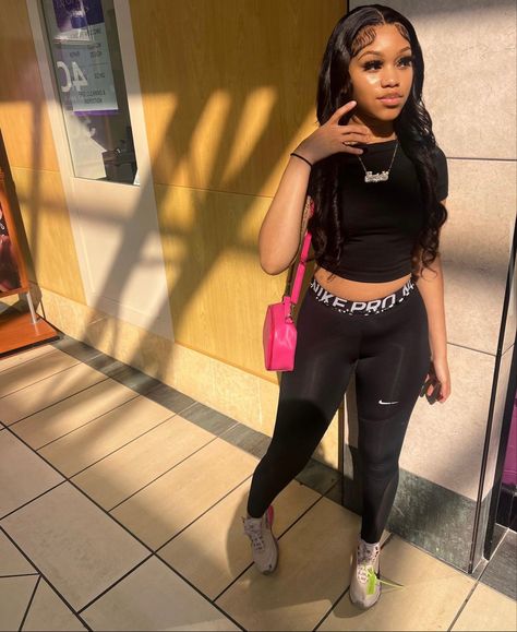 Cute Lazy Day Outfits Black Women, Chill School Fits, Nike Leggings Outfit, Simple Baddie Outfits, Nike Pro Outfit, School Baddie, Stylish Summer Outfits, Chill Fits