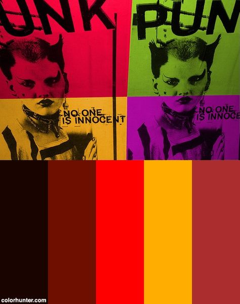 Punk Pop-art Color Scheme Hiphop Color Palette, Angry Colour Palette, Rockstar Color Palette, Pop Art Color Scheme, Punk Branding Design, Angry Color Palette, Punk Colour Palette, Punk Rock Color Palette, Punk Color Palette