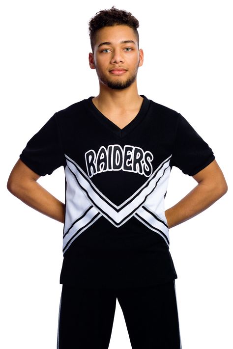 We've got the boys on your cheer squad covered! We coordinate our boy's and men's uniforms to match with your girls.  Our Raiders men's uniform is shown on page 24 of our catalog.  Contact TC Spirit today to learn more about our male uniform options. Male Cheerleader Uniform, Custom Cheer Uniforms, Male Uniform, Cheer Practice Outfits, Boy And Girl Drawing, Male Cheerleaders, Men's Uniform, Cheer Photography, Cheer Uniforms