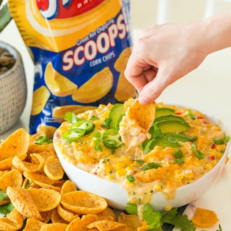 Hot Corn Dip with FRITOS® SCOOPS!® | Tastemade Fritos Dip Recipe, Fritos Scoops Recipes, Corn Dip With Fritos, Corn Appetizers, Hot Corn Dip, Hot Corn, Corn Dip, Avocado Cream, Food Writing