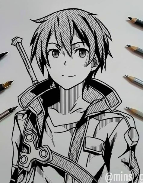 Kirito Sketch, Kirito Drawing, Cosplay Art, Anime Character Names, Naruto Sketch Drawing, Otaku Art, Anime Boy Sketch, Art News, Manga Cosplay