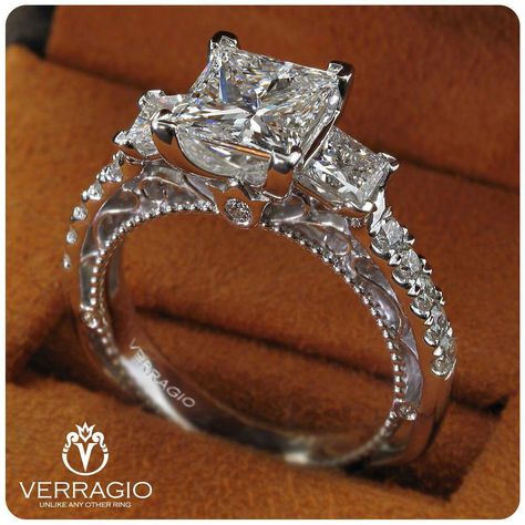 Verragio Engagement Rings, Engagement Rings Princess, Princess Cut Engagement Rings, Princess Cut Rings, Engagement Ring White Gold, Dream Engagement Rings, Vintage Elegance, Three Stone Engagement, Three Stone Engagement Rings