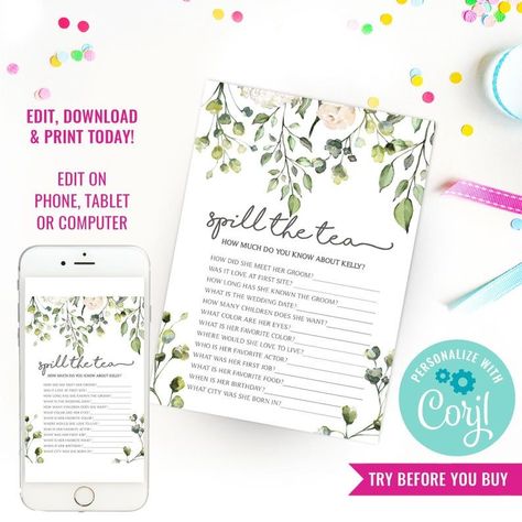 Bridal Shower Party Game - Bridal Shower High Tea - Bridal Brunch Game - Spill The Tea Party Game Bridal Shower High Tea, Classic Bridal Shower, Tea Party Games, Tea Etiquette, Spill The Tea, Bridal Shower Tea, Bridal Brunch, The Wedding Date, Floral Bridal Shower