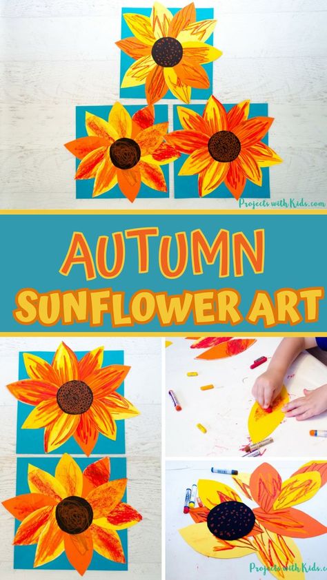 Bring the colors of fall indoors with this vibrant autumn sunflower craft! This is a great art project for kids to explore creating texture with oil pastels and is perfect for younger kids to do on their own with minimal help. Painting Crafts For Kindergarten, Montessori Art Projects, September Art For Kindergarten, Easy Preschool Crafts Fall, Fall Crafts For Classroom, September Art Kindergarten, Toddler Fall Arts And Crafts, Fall Crafts Second Grade, Autumn Craft Preschool