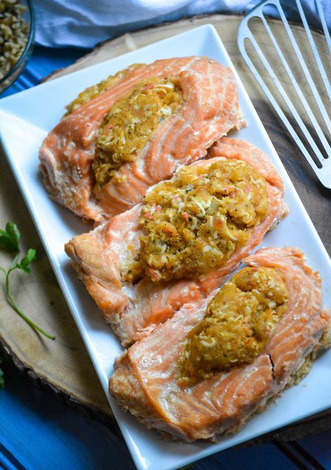 Crab Stuffed Salmon (Costco Copycat) - 4 Sons 'R' Us Costco Stuffed Salmon Recipe, Crab Stuff Salmon Recipes, Stuffed Seafood, Costco Salmon, Costco Copycat, Stuffed Salmon Recipe, Seafood Board, Feast Of Seven Fishes, Christmas Eve Ideas