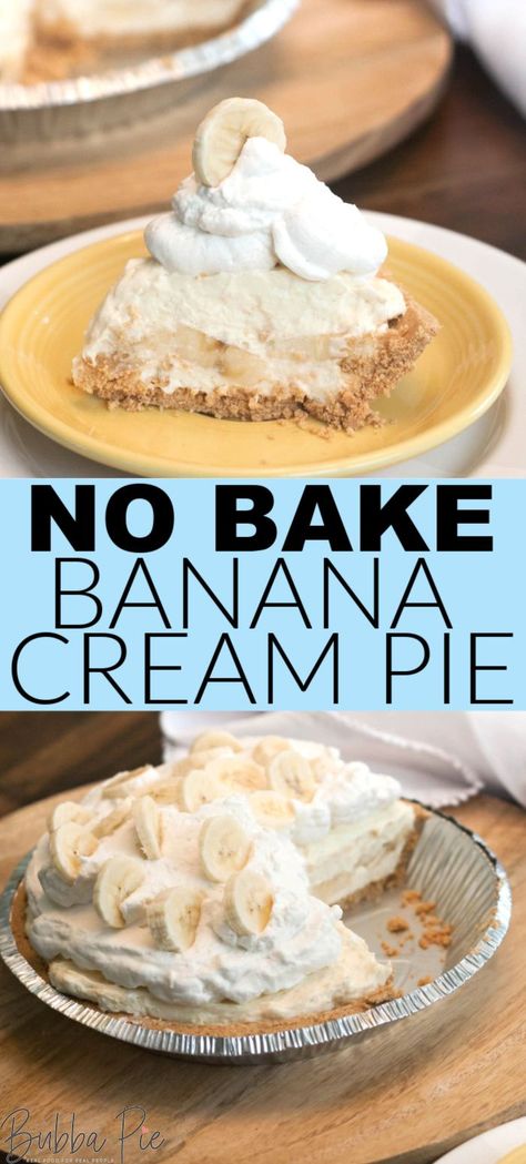 This easy No Bake Banana Cream Pie recipe will give you a blast to the past with old fashioned flavor. Made super simple with instant vanilla pudding mix. This is a great holiday dessert or an awesome way to end a summer picnic! #bananacreampie #nobakerecipes No Bake Banana Cream Pie, Banana Creme Pie, Easy Banana Cream Pie, Blast To The Past, Bake Banana, Banana Cream Pie Recipe, Banana Pie, Crumble Pie, Banana Pudding Cheesecake